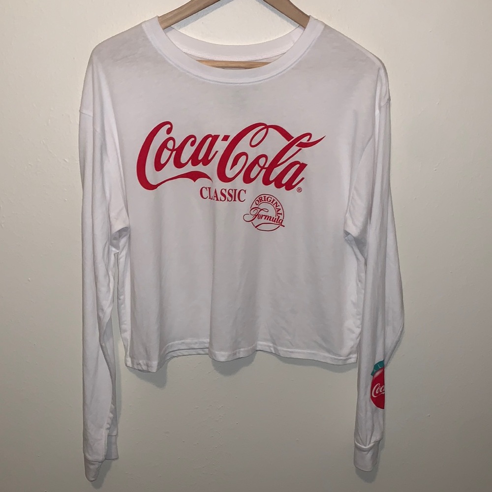 Coca Cola Cropped Long Sleeve Tee Womens XL White Red Logo Graphic Y2K